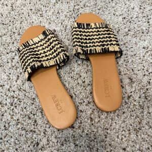J. Crew Black and Cream Fringe Slide Sandals